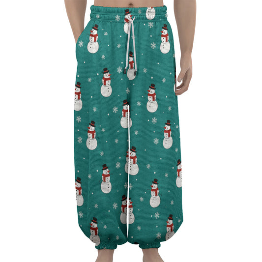 Teal Snowman Pattern Print Lantern Pants