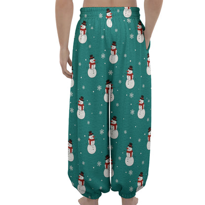 Teal Snowman Pattern Print Lantern Pants