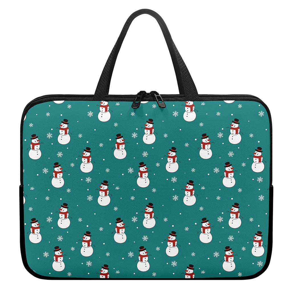 Teal Snowman Pattern Print Laptop Sleeve With Handle