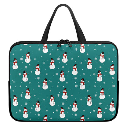Teal Snowman Pattern Print Laptop Sleeve With Handle