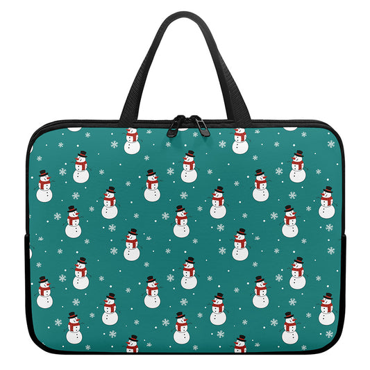 Teal Snowman Pattern Print Laptop Sleeve With Handle