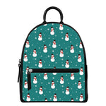 Teal Snowman Pattern Print Leather Backpack