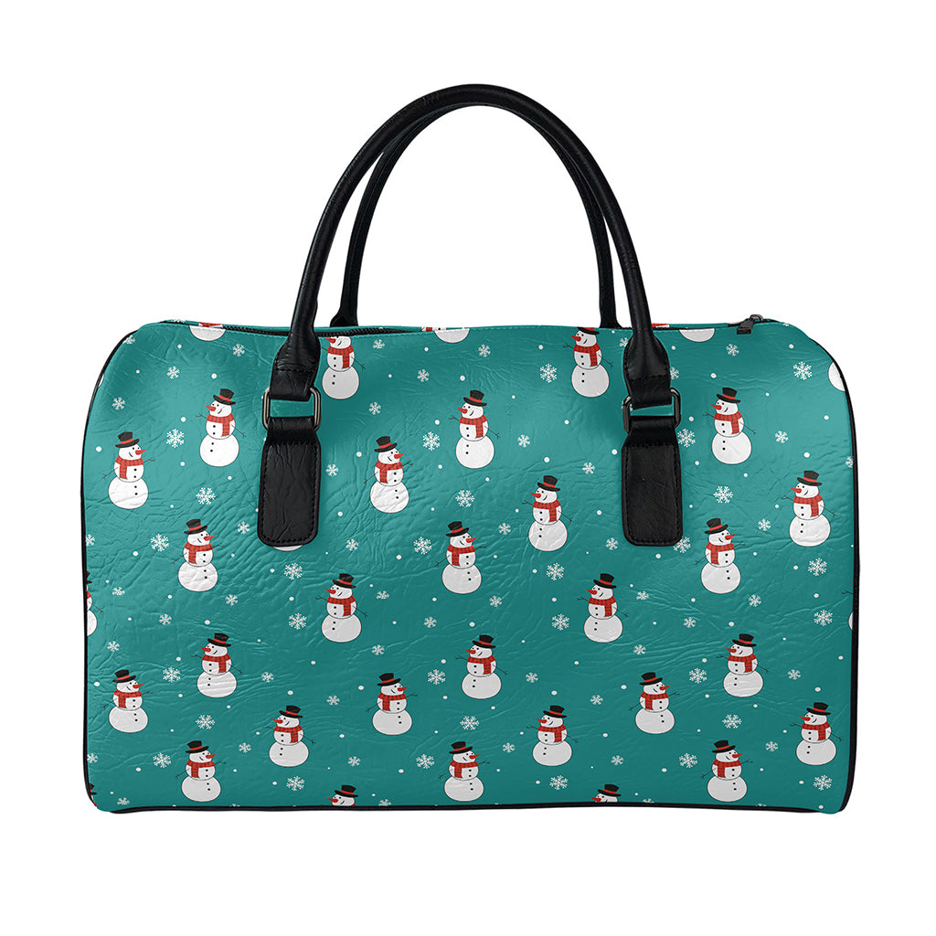 Teal Snowman Pattern Print Leather Duffle Bag