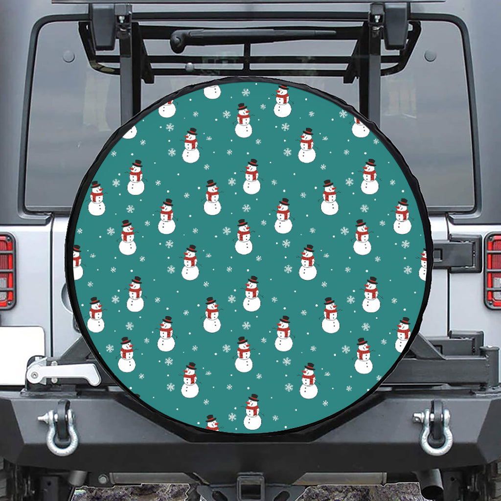 Teal Snowman Pattern Print Leather Spare Tire Cover
