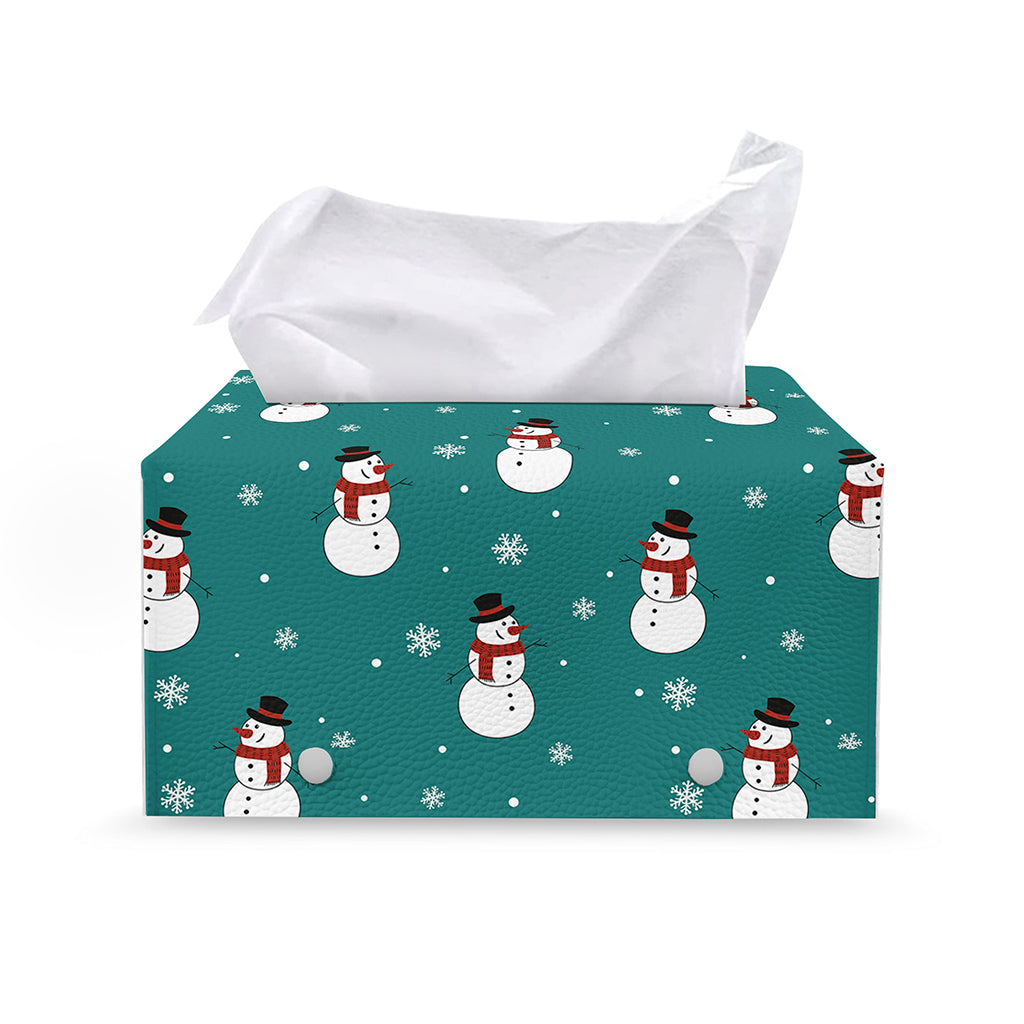 Teal Snowman Pattern Print Leather Tissue Box Cover