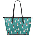 Teal Snowman Pattern Print Leather Tote Bag With Zipper