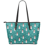 Teal Snowman Pattern Print Leather Tote Bag
