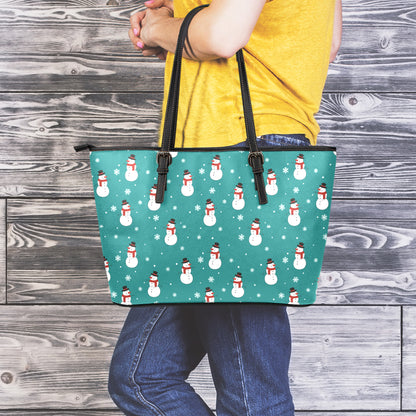 Teal Snowman Pattern Print Leather Tote Bag