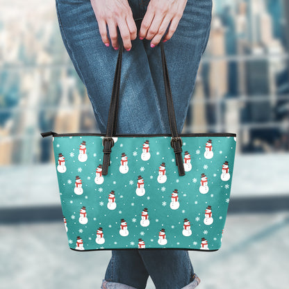 Teal Snowman Pattern Print Leather Tote Bag