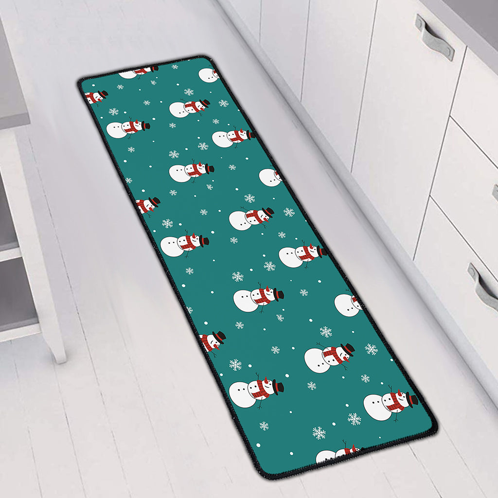 Teal Snowman Pattern Print Long Kitchen Mat