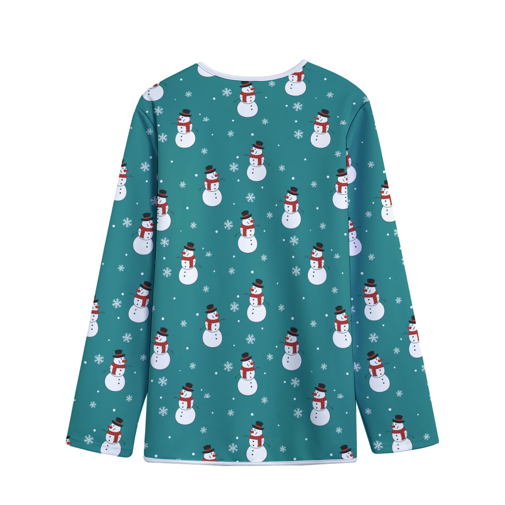 Teal Snowman Pattern Print Long Sleeve Short Coat