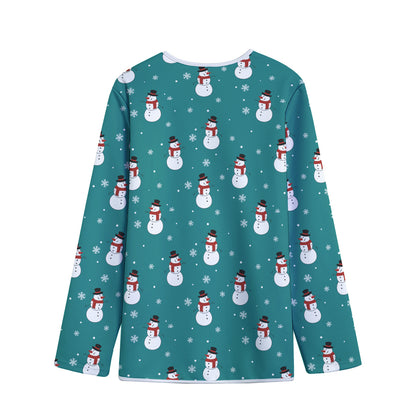 Teal Snowman Pattern Print Long Sleeve Short Coat