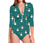 Teal Snowman Pattern Print Long Sleeve Swimsuit