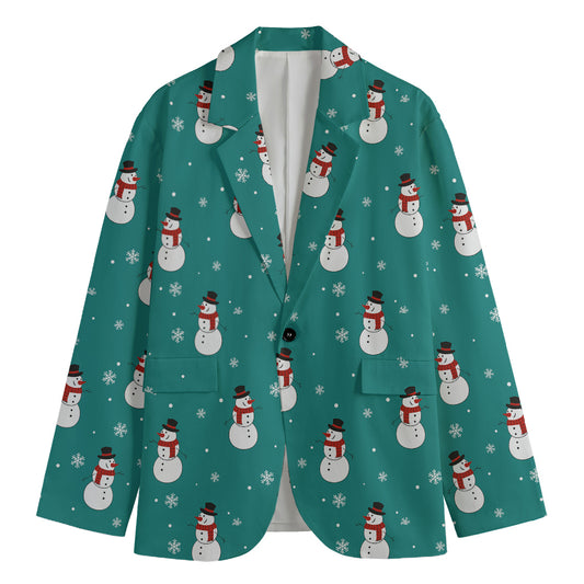 Teal Snowman Pattern Print Men's Blazer