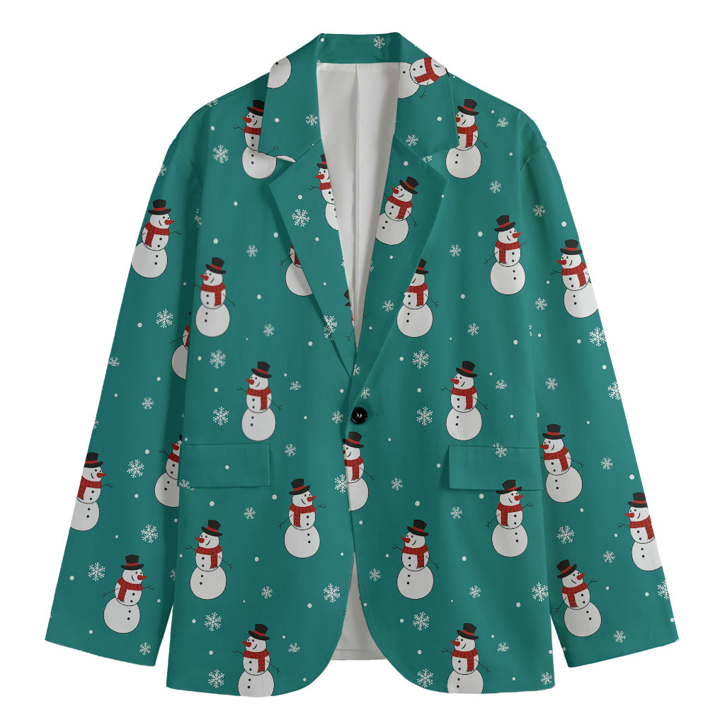 Teal Snowman Pattern Print Men's Cotton Blazer