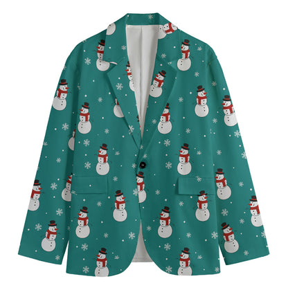 Teal Snowman Pattern Print Men's Cotton Blazer