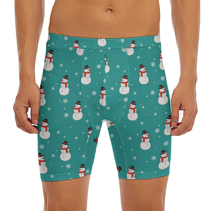 Teal Snowman Pattern Print Men's Long Boxer Briefs