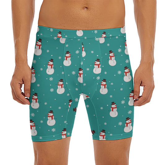 Teal Snowman Pattern Print Men's Long Boxer Briefs