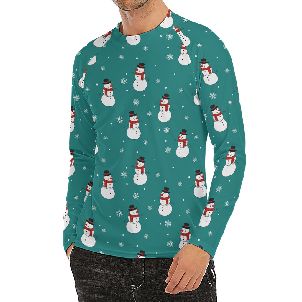 Teal Snowman Pattern Print Men's Long Sleeve Rash Guard