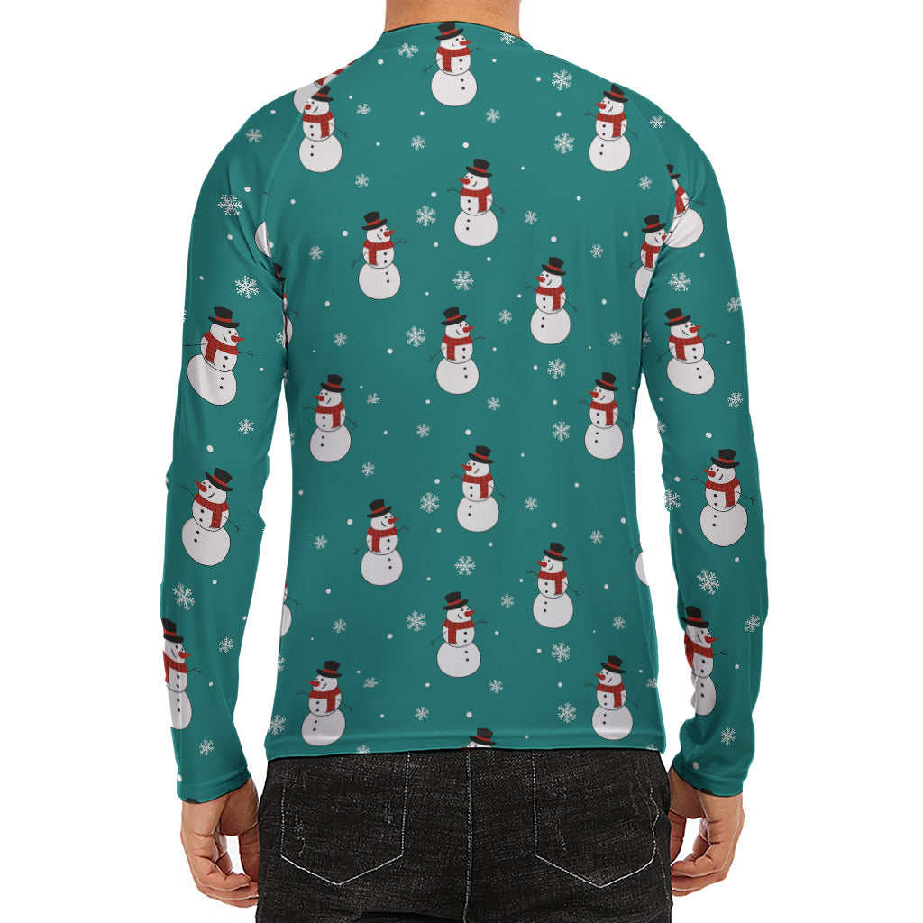 Teal Snowman Pattern Print Men's Long Sleeve Rash Guard