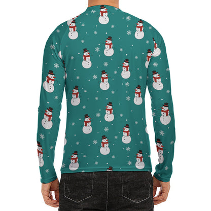 Teal Snowman Pattern Print Men's Long Sleeve Rash Guard