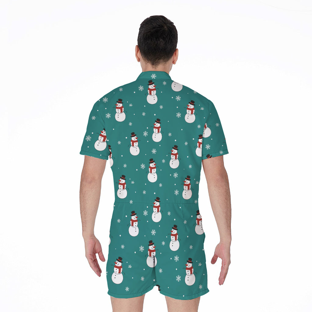 Teal Snowman Pattern Print Men's Rompers