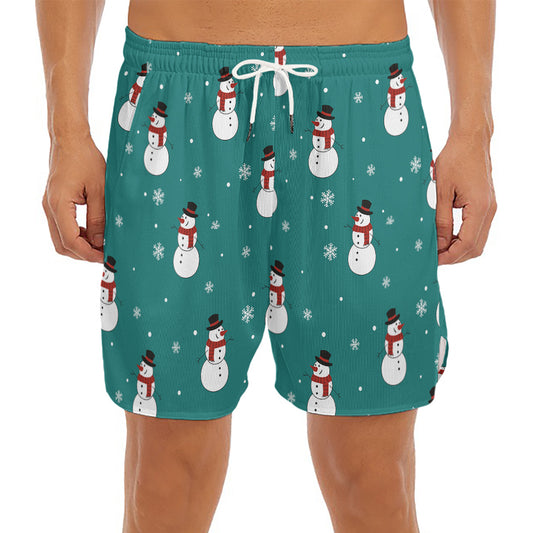 Teal Snowman Pattern Print Men's Split Running Shorts