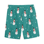 Teal Snowman Pattern Print Men's Sports Shorts