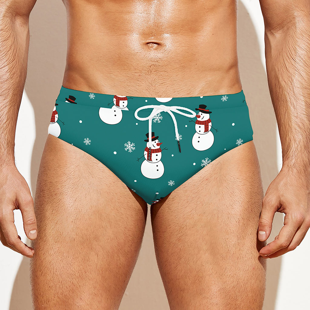 Teal Snowman Pattern Print Men's Swim Briefs