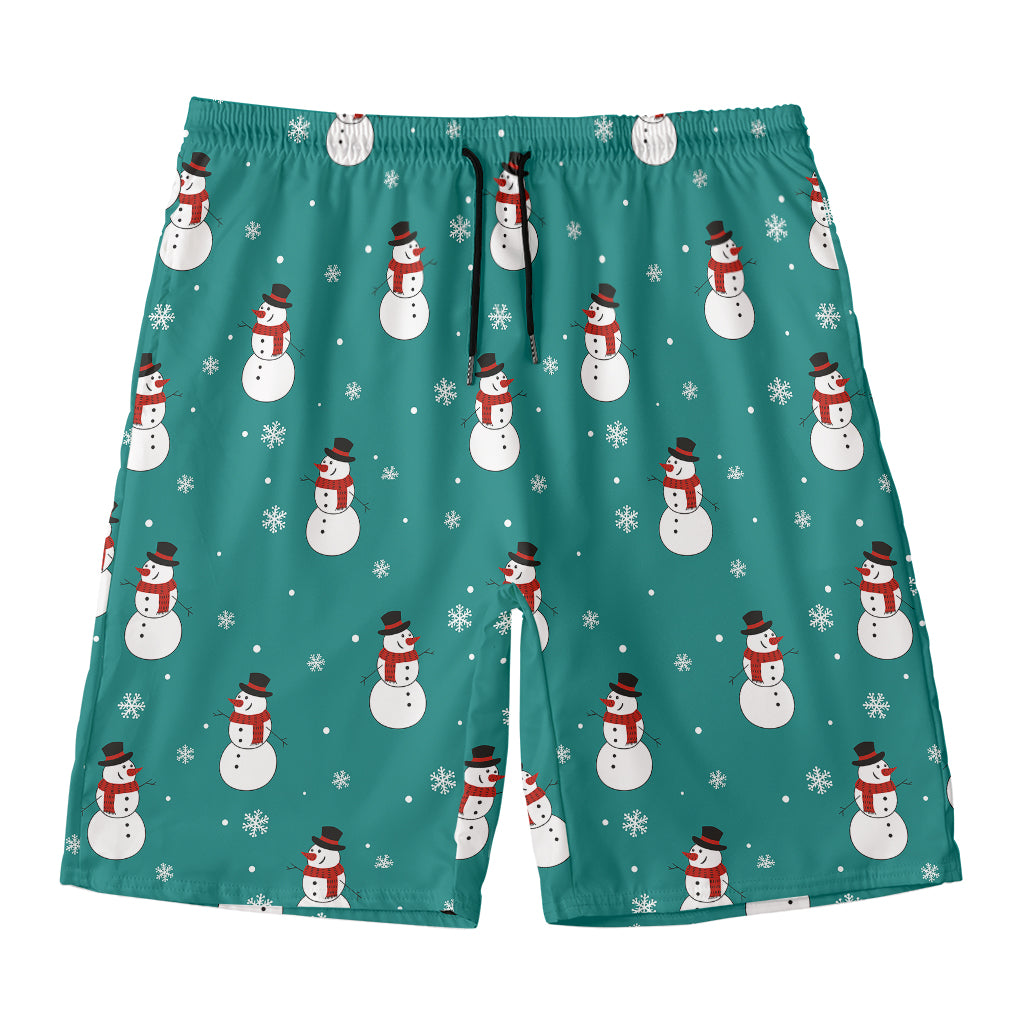 Teal Snowman Pattern Print Men's Swim Trunks