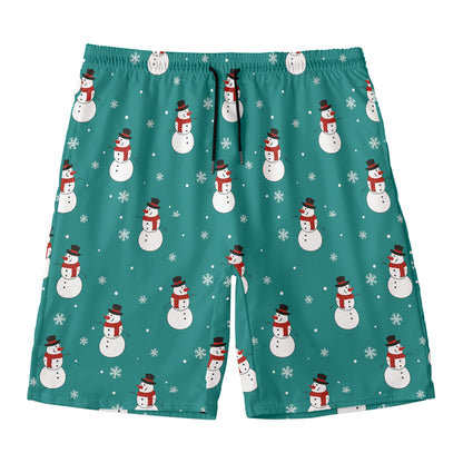 Teal Snowman Pattern Print Men's Swim Trunks