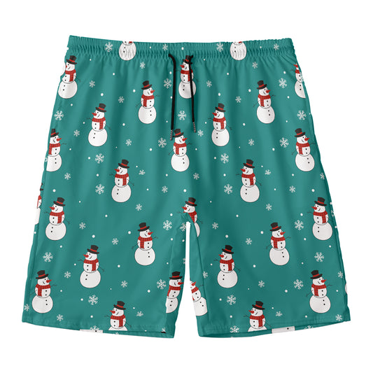 Teal Snowman Pattern Print Men's Swim Trunks