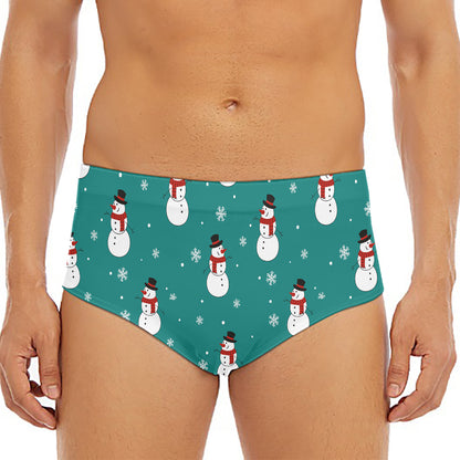 Teal Snowman Pattern Print Men's Triangle Swim Briefs