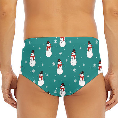 Teal Snowman Pattern Print Men's Triangle Swim Briefs
