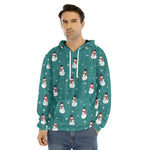 Teal Snowman Pattern Print Men's Velvet Pullover Hoodie