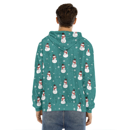 Teal Snowman Pattern Print Men's Velvet Pullover Hoodie