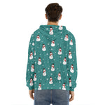 Teal Snowman Pattern Print Men's Velvet Pullover Hoodie