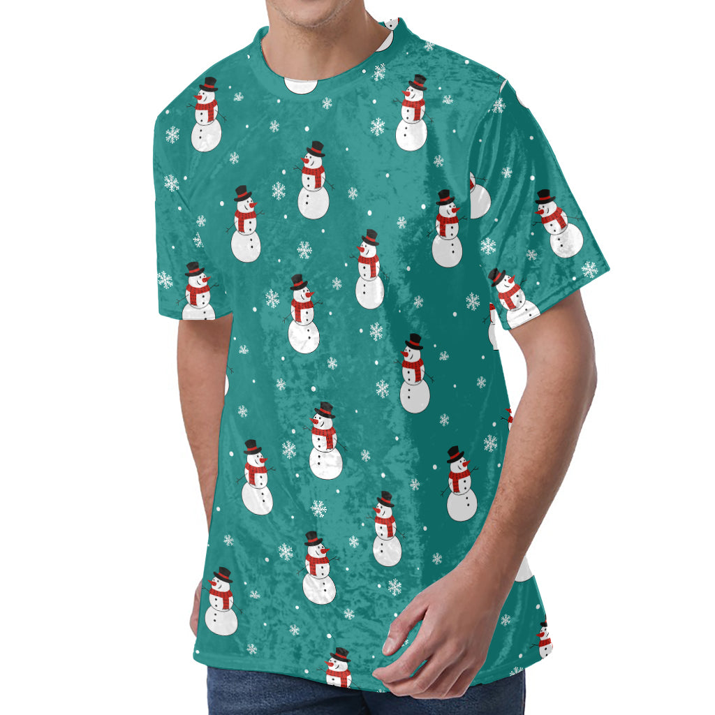 Teal Snowman Pattern Print Men's Velvet T-Shirt