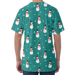 Teal Snowman Pattern Print Men's Velvet T-Shirt
