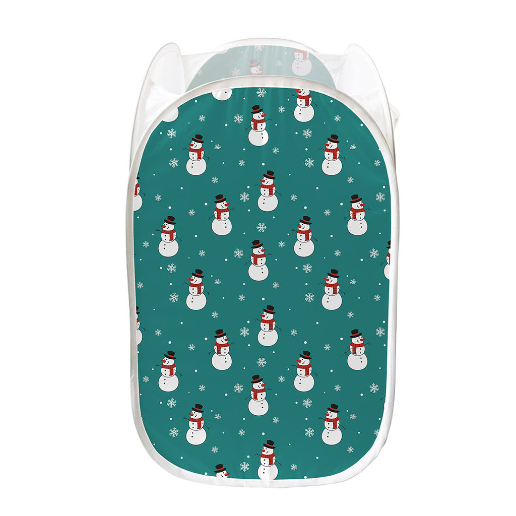 Teal Snowman Pattern Print Mesh Laundry Hamper