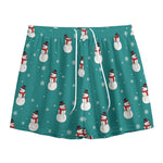 Teal Snowman Pattern Print Mesh Shorts