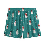 Teal Snowman Pattern Print Mesh Shorts