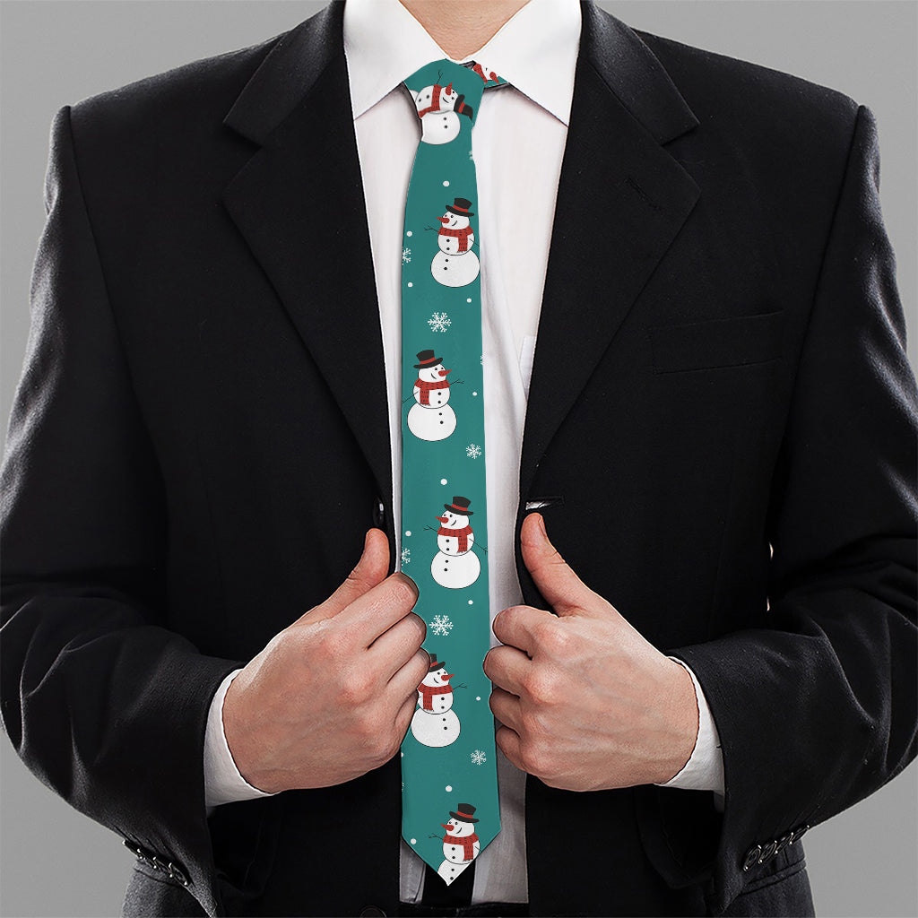 Teal Snowman Pattern Print Necktie