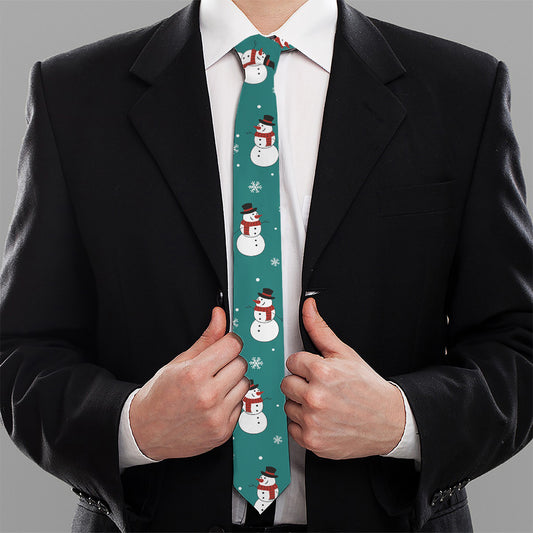 Teal Snowman Pattern Print Necktie