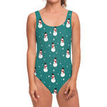 Teal Snowman Pattern Print One Piece Swimsuit