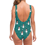 Teal Snowman Pattern Print One Piece Swimsuit