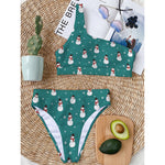 Teal Snowman Pattern Print One Shoulder Bikini Top