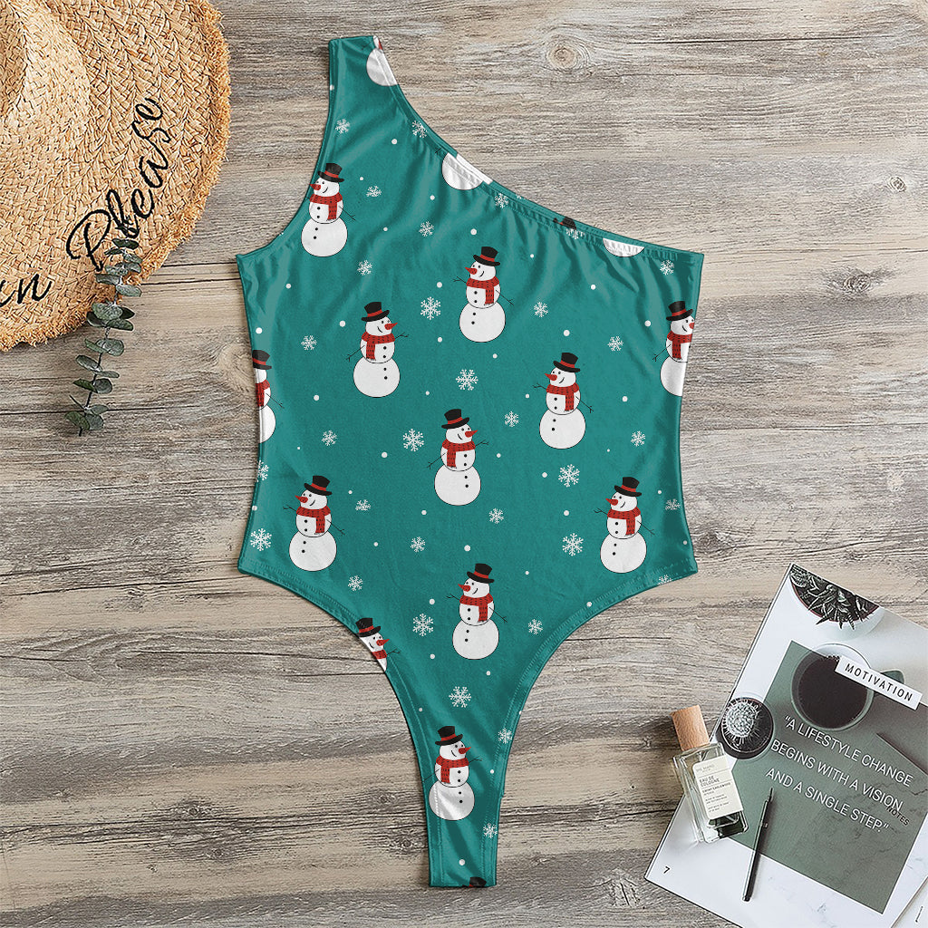Teal Snowman Pattern Print One Shoulder Bodysuit