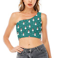 Teal Snowman Pattern Print One Shoulder Crop Top