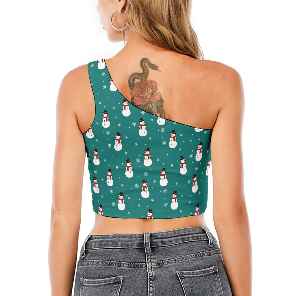 Teal Snowman Pattern Print One Shoulder Crop Top
